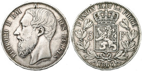 BELGIQUE, Royaume, Léopold II (1865-1909), AR 5 francs, 1866. F sans point. Grande tête et signature le long du cou. Pos. A. Dupriez 1004. Très rare. ...