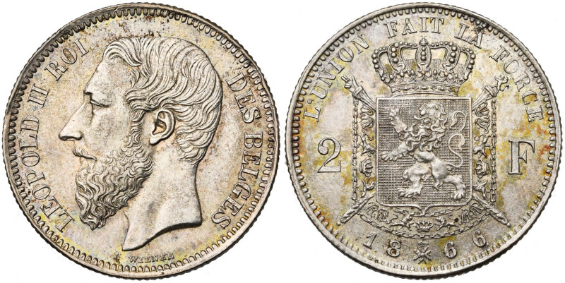 BELGIQUE, Royaume, Léopold II (1865-1909), AR 2 francs, 1866. Type A. Avec croix...