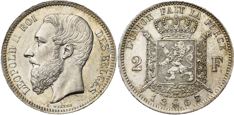 BELGIQUE, Royaume, Léopold II (1865-1909), AR 2 francs, 1867. Type A. Avec croix...