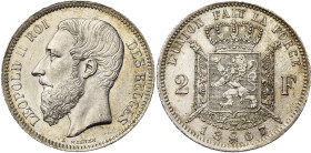 BELGIQUE, Royaume, Léopold II (1865-1909), AR 2 francs, 1867. Type A. Avec croix sur la couronne. Bogaert 1079A.

Superbe à Fleur de Coin / Extremel...