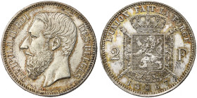 BELGIQUE, Royaume, Léopold II (1865-1909), AR 2 francs, 1867. Type A. Avec croix sur la couronne. Bogaert 1079A.

Superbe / Extremely Fine