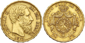 BELGIQUE, Royaume, Léopold II (1865-1909), AV 20 francs, 1871. Type III. Millésime large. Dupriez 1129; Bogaert 1129A.

Très Beau / Very Fine