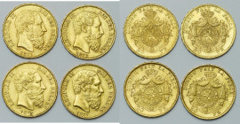 BELGIQUE, Royaume, Léopold II (1865-1909), lot de 4 p. de 20 francs: 1875 (2), 1876, 1877.

Très Beau / Very Fine