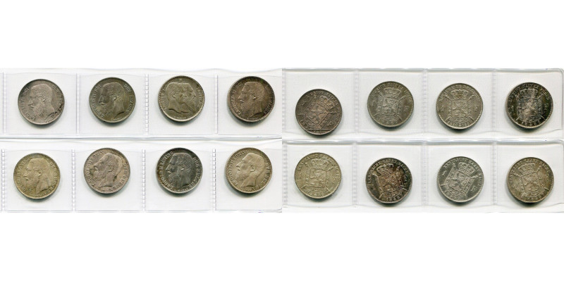 BELGIQUE, Royaume, Léopold II (1865-1909), lot de 8 p.: 1 franc 1867 (2), 1880, ...