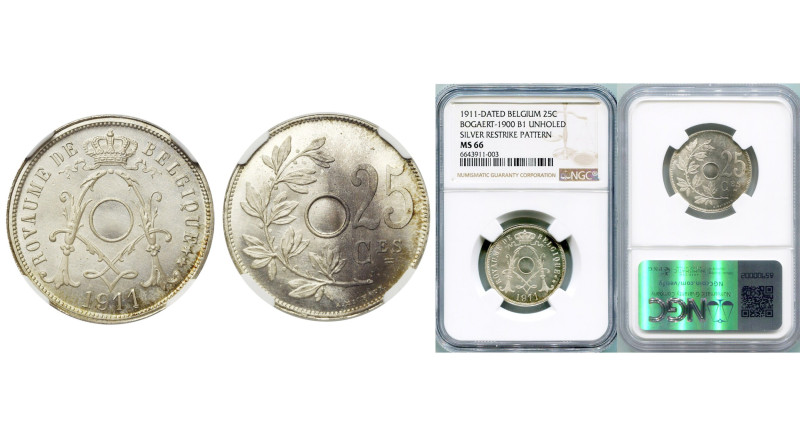 BELGIQUE, Royaume, Albert Ier (1909-1934), 25 centimes, 1911 FR. Refrappe en arg...