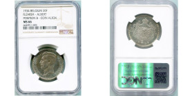 BELGIQUE, Royaume, Albert Ier (1909-1934), AR 20 frank, 1934 NL. Epreuve aux champs brillants. Pos. B. Dupriez 2514 var. Rare. Gradé NGC MS66.

Fleu...