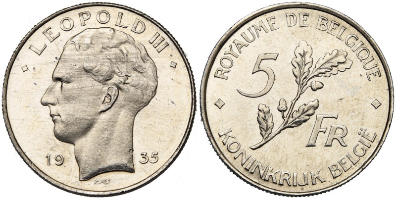 BELGIQUE, Royaume, Léopold III (1934-1951), 5 francs, 1935 FR/NL. Essai en nicke...