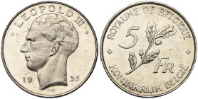 BELGIQUE, Royaume, Léopold III (1934-1951), 5 francs, 1935 FR/NL. Essai en nickel. Tranche cannelée. Flan épais. Dupriez 2568. Rare. Griffes.

La po...