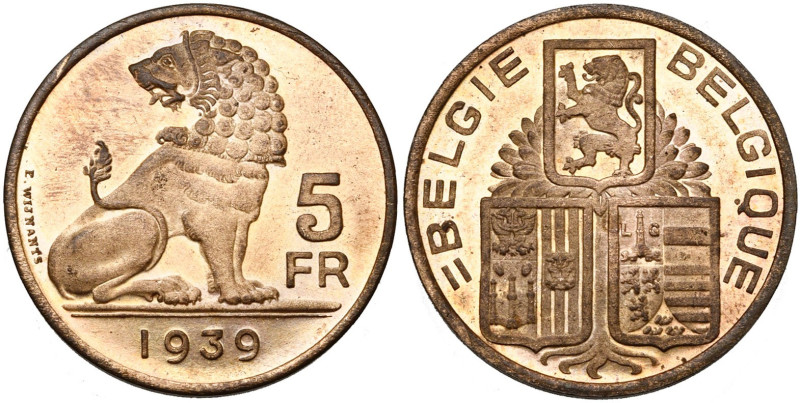 BELGIQUE, Royaume, Léopold III (1934-1951), 5 frank, 1939 NL/FR. Refrappe en bro...