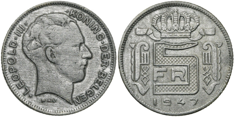 BELGIQUE, Royaume, Régence du prince Charles (1944-1950), zinc 5 frank, 1947 NL....