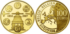 BELGIQUE, Royaume, Albert II (1993-2013), AV 100 euro, 2007. 175e anniversaire de la frappe de monnaies en Belgique. Fr. 452. Ecrin et certificat.

...