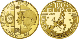 BELGIQUE, Royaume, Albert II (1993-2013), AV 100 euro, 2009. Noces d'or d'Albert et Paola. Fr. -. Ecrin et certificat.

Flan poli / Proof