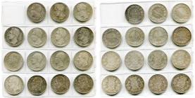 BELGIQUE, Royaume, lot de 15 p. de 5 francs: Léopold Ier, 1833 (pos. A et B), 1847, 1848 (2), 1849 (2 à la t. laurée et 1 à la t. nue), 1850, 1851; Lé...