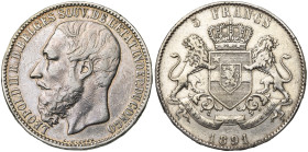 CONGO, Etat Indépendant, Léopold II (1885-1908), AR 5 francs, 1891. Dupriez 72.

Beau à Très Beau / Fine - Very Fine