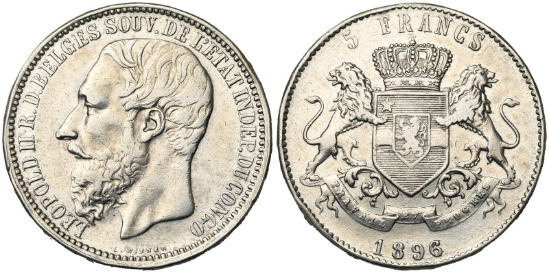 CONGO, Etat Indépendant, Léopold II (1885-1908), AR 5 francs, 1896 sur 1894. Dup...