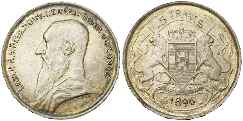 CONGO, Etat Indépendant, Léopold II (1885-1908), AR 5 francs, 1896. Essai de Dub...