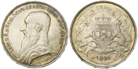 CONGO, Etat Indépendant, Léopold II (1885-1908), AR 5 francs, 1896. Essai de Dubois en argent. Listel étroit. Tranche inscrite (TRAVAIL ET PROGRES). D...