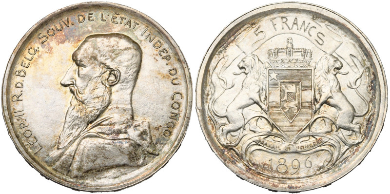 CONGO, Etat Indépendant, Léopold II (1885-1908), AR 5 francs, 1896. Essai de Dub...