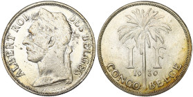 CONGO BELGE, Albert Ier (1909-1934), 1 franc, 1930 FR. Essai en argent. Tranche cannelée. Bogaert 267B1. Rare. Taches au droit.

Superbe/Fleur de Co...