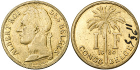 CONGO BELGE, Albert Ier (1909-1934), 1 franc, 1930 FR. Essai en bronze mat sablé. Tranche cannelée. Bogaert 267B5. 8,58 g. Très rare. Strie et marque ...