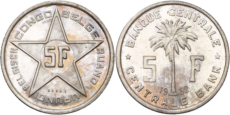 CONGO BELGE, Baudouin (1951-1960), 5 francs, 1952. Essai en argent. Tranche liss...