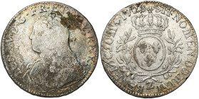 FRANCE, Royaume, Louis XV (1715-1774), AR écu aux rameaux d'olivier, 1728 Z, Grenoble. D/ B. habillé à g., décoré de la croix du Saint-Esprit. R/ Ecu ...