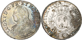 FRANCE, Royaume, Louis XV (1715-1774), AR écu aux rameaux d'olivier, 1739 E, Tours. D/ B. habillé à g., décoré de la croix du Saint-Esprit. R/ Ecu de ...