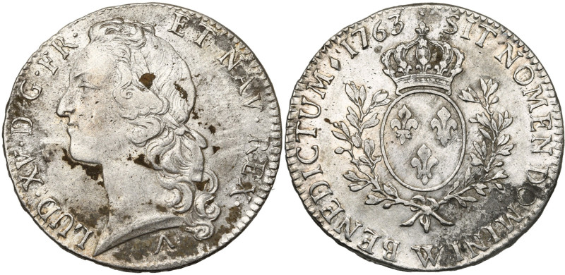 FRANCE, Royaume, Louis XV (1715-1774), AR écu au bandeau, 1763 W, Lille. D/ T. à...