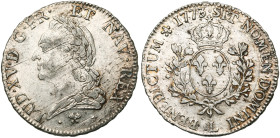 FRANCE, Royaume, Louis XV (1715-1774), AR écu à la vieille tête, 1773 L, Bayonne. D/ T. l. à g. R/ Ecu de France couronné, entre deux rameaux d'olivie...