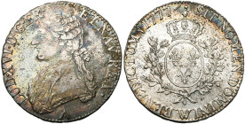 FRANCE, Royaume, Louis XVI (1774-1793), AR écu aux rameaux d'olivier, 1777 W, Lille. D/ B. habillé à g., les cheveux noués par un ruban. R/ Ecu de Fra...