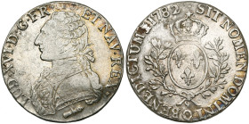 FRANCE, Royaume, Louis XVI (1774-1793), AR écu aux rameaux d'olivier, 1782 Q, Perpignan. D/ B. habillé à g., les cheveux noués par un ruban. R/ Ecu de...