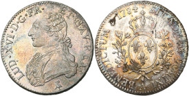 FRANCE, Royaume, Louis XVI (1774-1793), AR écu aux rameaux d'olivier, 1784 A, Paris. Deuxième semestre. D/ B. habillé à g., les cheveux noués par un r...