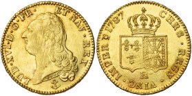 FRANCE, Royaume, Louis XVI (1774-1793), AV double louis d'or à la tête nue, 1787 H, La Rochelle. D/ T. nue à g., les cheveux longs. R/ Ecus accolés de...