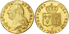 FRANCE, Royaume, Louis XVI (1774-1793), AV double louis d'or à la tête nue, 1787 I, Limoges. D/ T. nue à g., les cheveux longs. R/ Ecus accolés de Fra...