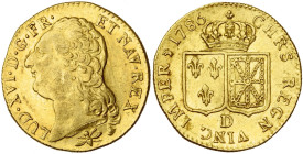 FRANCE, Royaume, Louis XVI (1774-1793), AV louis d'or à la tête nue, 1786 D, Lyon. D/ T. nue à g., les cheveux longs. R/ Ecus accolés de France et de ...