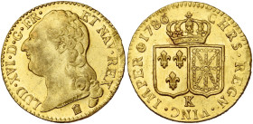 FRANCE, Royaume, Louis XVI (1774-1793), AV louis d'or à la tête nue, 1786 K, Bordeaux. D/ T. nue à g., les cheveux longs. R/ Ecus accolés de France et...