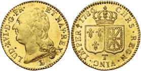 FRANCE, Royaume, Louis XVI (1774-1793), AV louis d'or à la tête nue, 1786 T, Nantes. D/ T. nue à g., les cheveux longs. Différent: lévrier assis (M.-F...