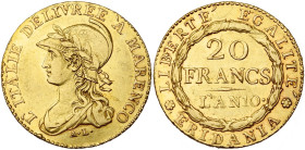 ITALIE, REPUBLIQUE SUBALPINE, (1800-1802), AV 20 francs, an 10 (1801), Turin. Victoire de Marengo. M. 7; G. 2a; Fr. 1172. Rare. Fines traces d'ajustag...