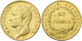 FRANCE, Napoléon Ier (1804-1814), AV 20 francs, an 13 I, Limoges. Gad. 1022; Fr. 488. Extrêmement rare. Graffiti X au revers.

Très Beau / Very Fine...