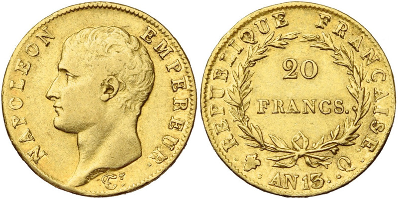 FRANCE, Napoléon Ier (1804-1814), AV 20 francs, an 13 Q, Perpignan. Seulement 52...