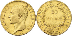 FRANCE, Napoléon Ier (1804-1814), AV 20 francs, an 13 T, Nantes. Seulement 918 p. frappées. Gad. 1022; Fr. 489a. Extrêmement rare. Fines griffes.

T...