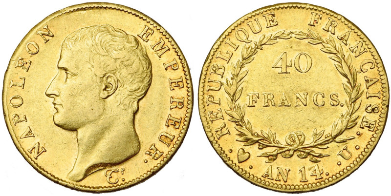 FRANCE, Napoléon Ier (1804-1814), AV 40 francs, an 14 U (sur 13), Turin. Seuleme...