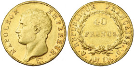 FRANCE, Napoléon Ier (1804-1814), AV 40 francs, an 14 U (sur 13), Turin. Seulement 1199 p. frappées. Gad. 1081; Fr. 482. Très rare. Belle couleur. Ave...