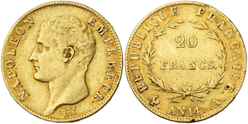 FRANCE, Napoléon Ier (1804-1814), AV 20 francs, an 14 A, Paris. Gad. 1022; Fr. 4...