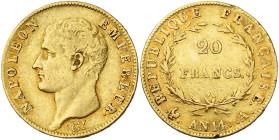 FRANCE, Napoléon Ier (1804-1814), AV 20 francs, an 14 A, Paris. Gad. 1022; Fr. 487a. Petits coups sur la tranche.

presque Très Beau / about Very Fi...