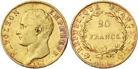 FRANCE, Napoléon Ier (1804-1814), AV 20 francs, an 14 Q, Perpignan. Frappe médaille. Seulement 2710 p. frappées. Gad. 1022; Fr. 489. Extrêmement rare....