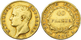 FRANCE, Napoléon Ier (1804-1814), AV 40 francs, 1806 A, Paris. Gad. 1082; Fr. 481. Nettoyé.

Beau à Très Beau / Fine - Very Fine