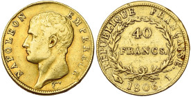 FRANCE, Napoléon Ier (1804-1814), AV 40 francs, 1806 I, Limoges. 7103 p. frappées. Gad. 1082; Fr. 485. Coups sur la tranche. Nettoyé.

presque Très ...