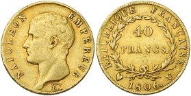 FRANCE, Napoléon Ier (1804-1814), AV 40 francs, 1806 U, Turin. Gad. 1082; Fr. 482.

Très Beau / Very Fine