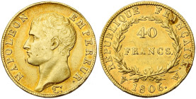 FRANCE, Napoléon Ier (1804-1814), AV 40 francs, 1806 W, Lille. 4336 p. frappées. Gad. 1082; Fr. 483. Rare. Petits coups sur la joue et taches au rever...